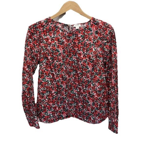 J.Crew Red Floral Cotton Poplin Ruffle Blouse Women’s Small Long Sleeve Pullover - Picture 3 of 10